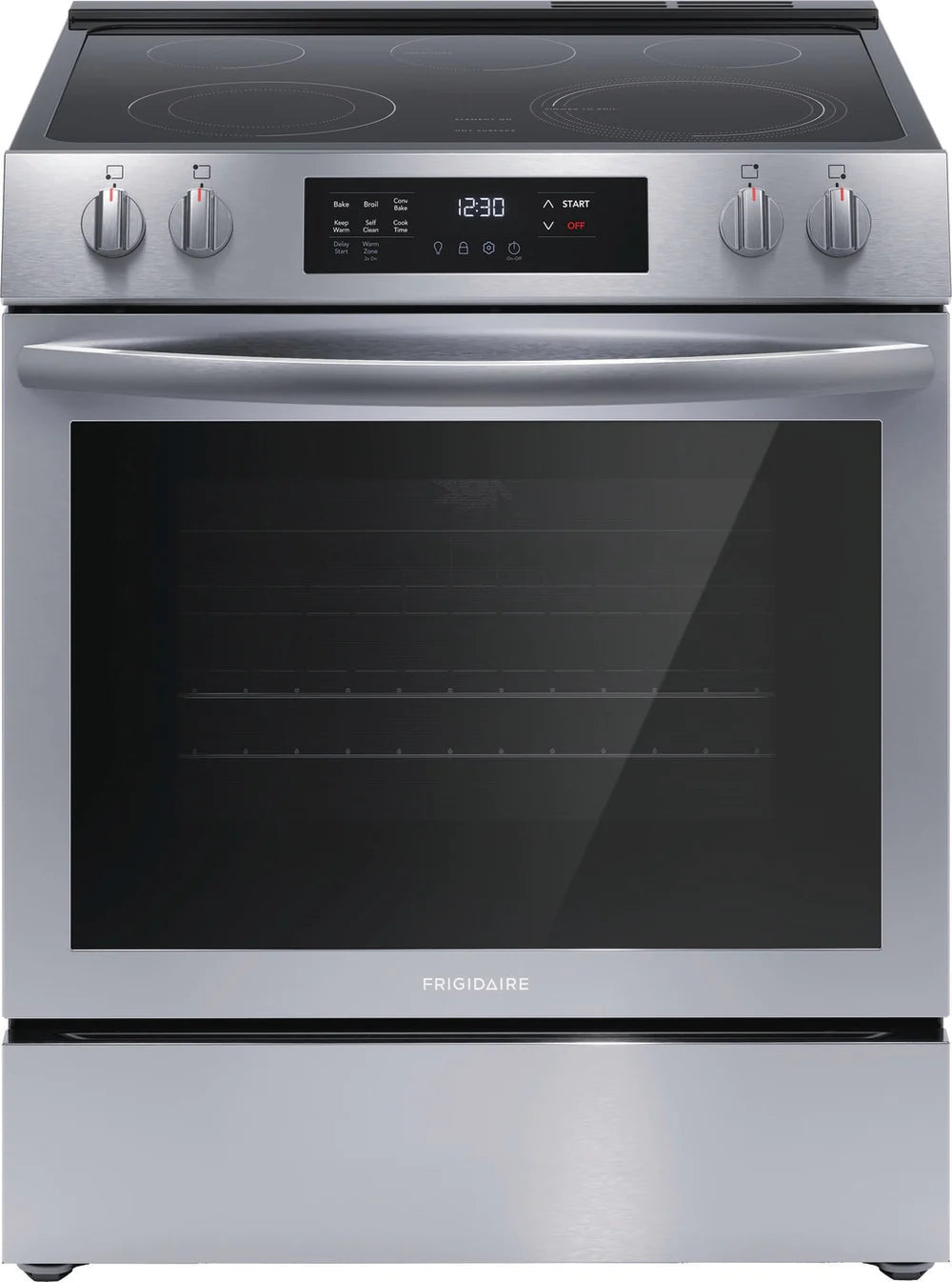 Frigidaire FCFE308CAS Range, 30", Electric Range, Self Clean, Glass Burners (Electric), Convection, 5 Burners, 5.3 cu. ft. Capacity, Storage Drawer, 1 Ovens, 3200 Highest Burner Element (Watts), Front Controls, Stainless Steel colour_AB1226