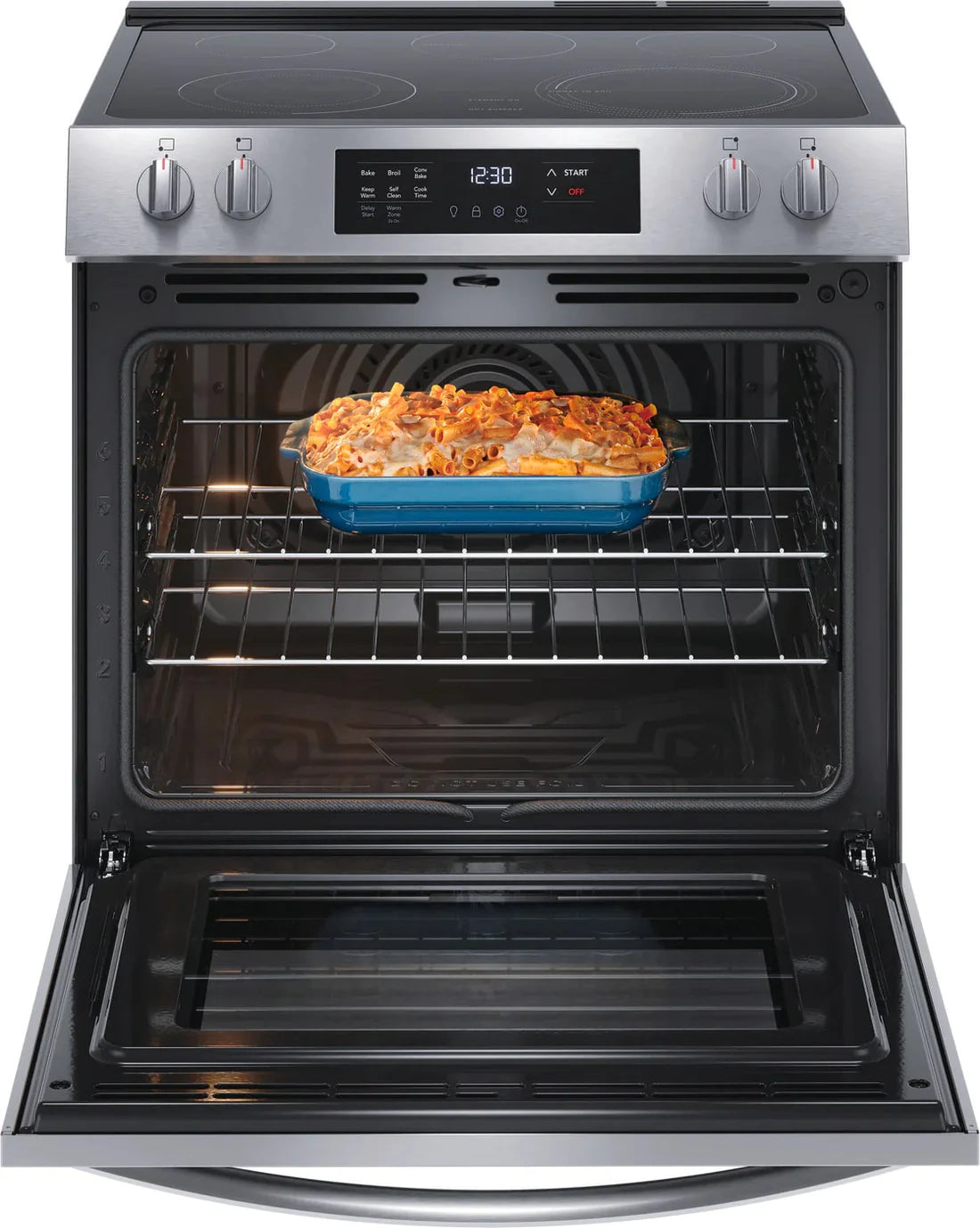 Frigidaire FCFE308CAS Range, 30", Electric Range, Self Clean, Glass Burners (Electric), Convection, 5 Burners, 5.3 cu. ft. Capacity, Storage Drawer, 1 Ovens, 3200 Highest Burner Element (Watts), Front Controls, Stainless Steel colour_AB1226