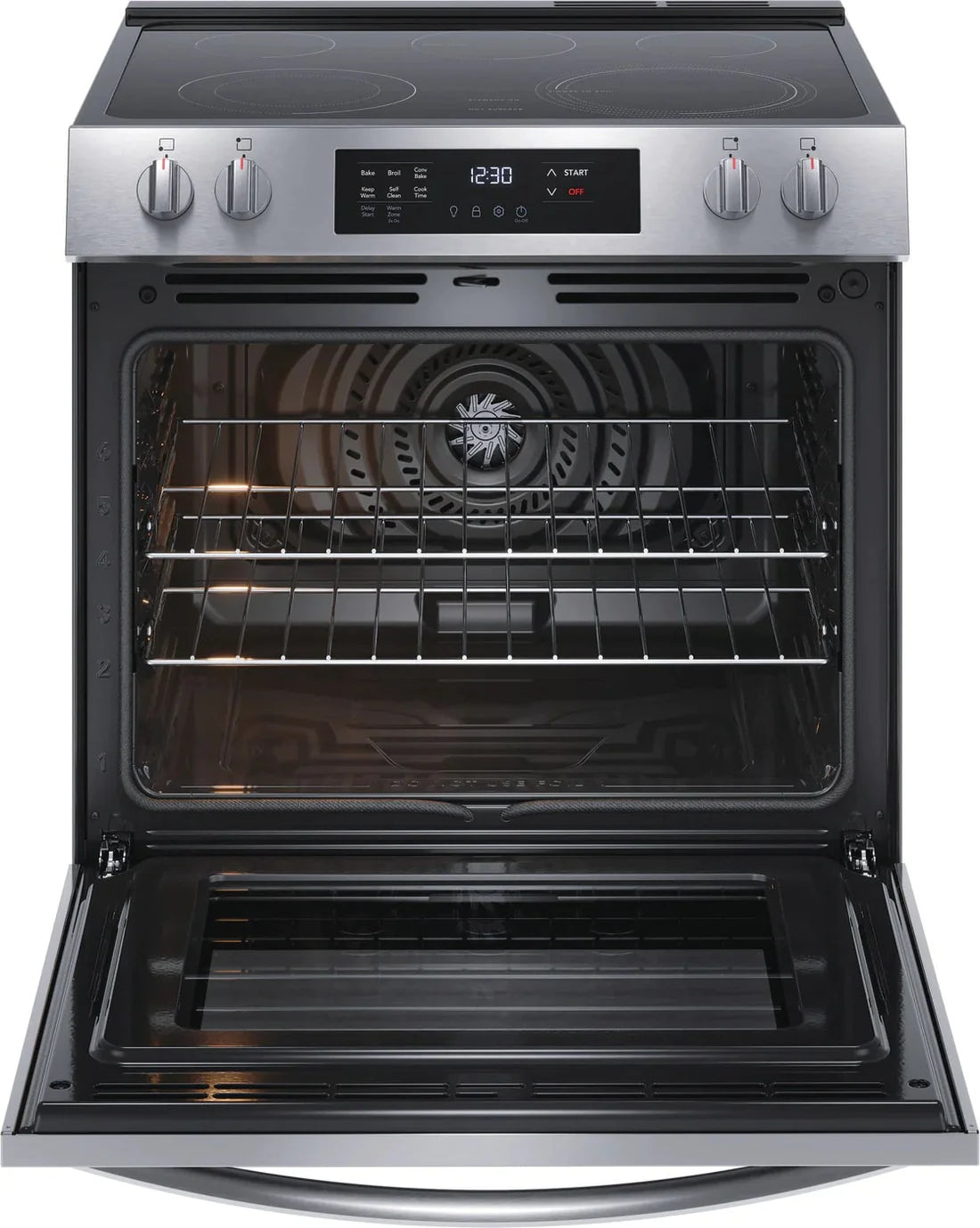 Frigidaire FCFE308CAS Range, 30", Electric Range, Self Clean, Glass Burners (Electric), Convection, 5 Burners, 5.3 cu. ft. Capacity, Storage Drawer, 1 Ovens, 3200 Highest Burner Element (Watts), Front Controls, Stainless Steel colour_AB1226